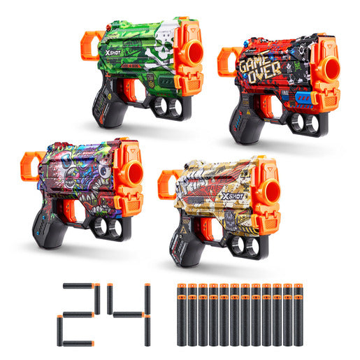 X-Shot Skins: Menace Blaster 4 Pack with 24 Darts (Styles Vary) - 27M Range