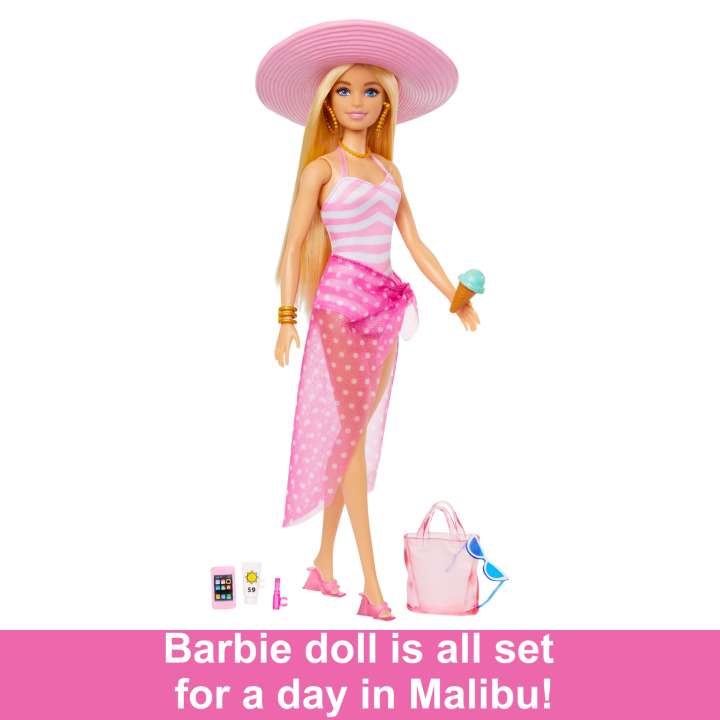 Barbie Doll Pink White Swimsuit Sun Hat Bag and Beach Themed Accessories