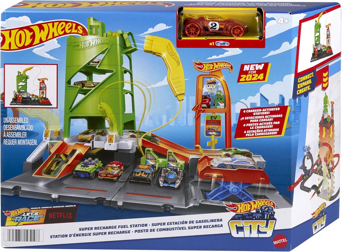 Hot Wheels City Super Recharge Fuel Station with 1:64 Scale Car