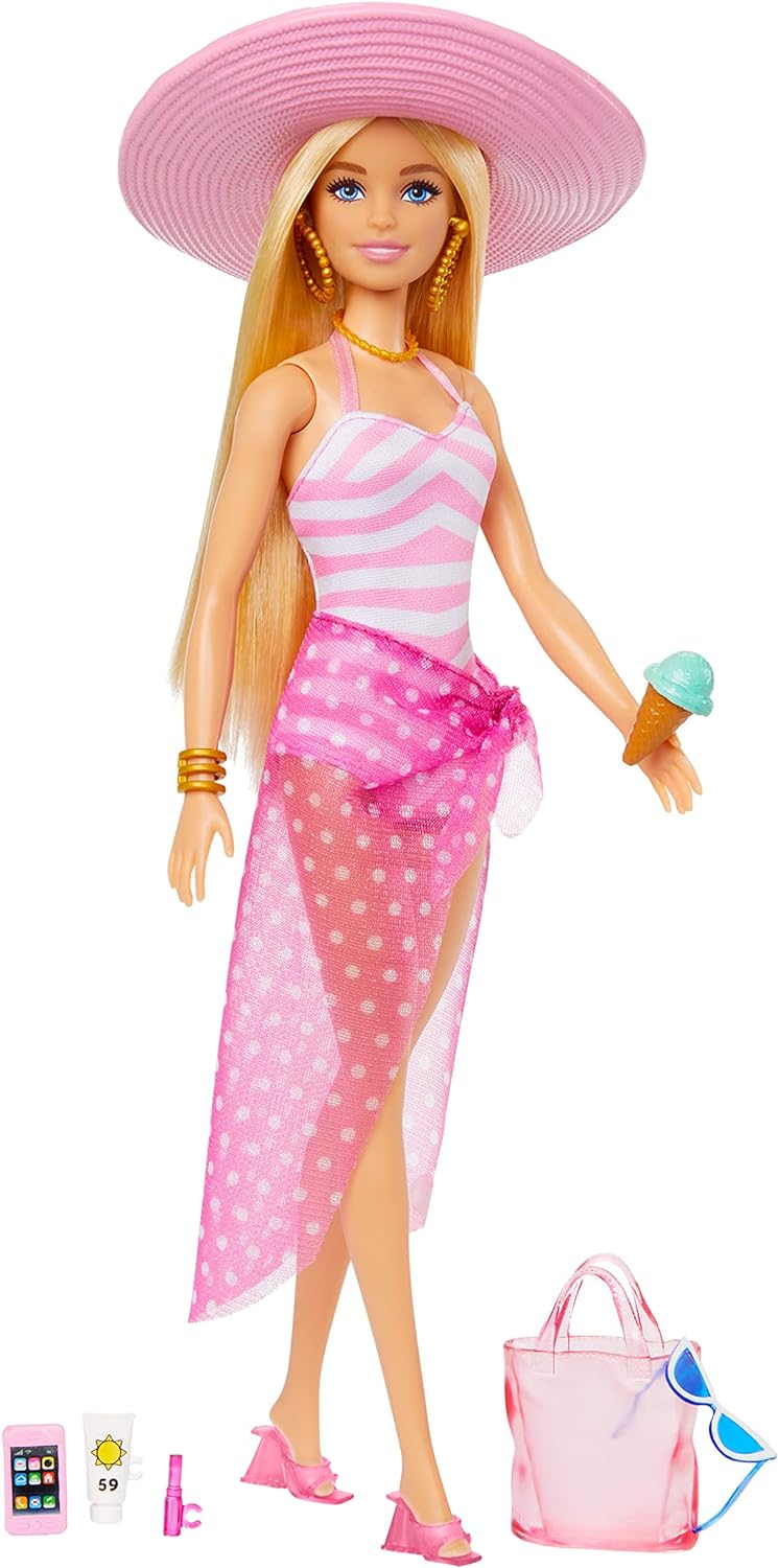 Barbie Doll Pink White Swimsuit Sun Hat Bag and Beach Themed Accessories