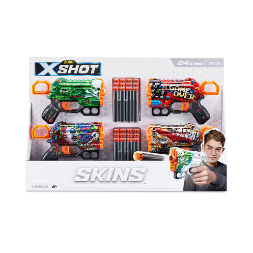 X-Shot Skins: Menace Blaster 4 Pack with 24 Darts - Exclusive (Styles Vary) by ZURU