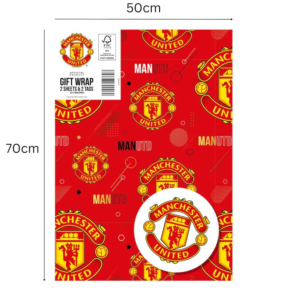 Manchester United FC 2 Sheets & 2 Tags Gift Wrap
