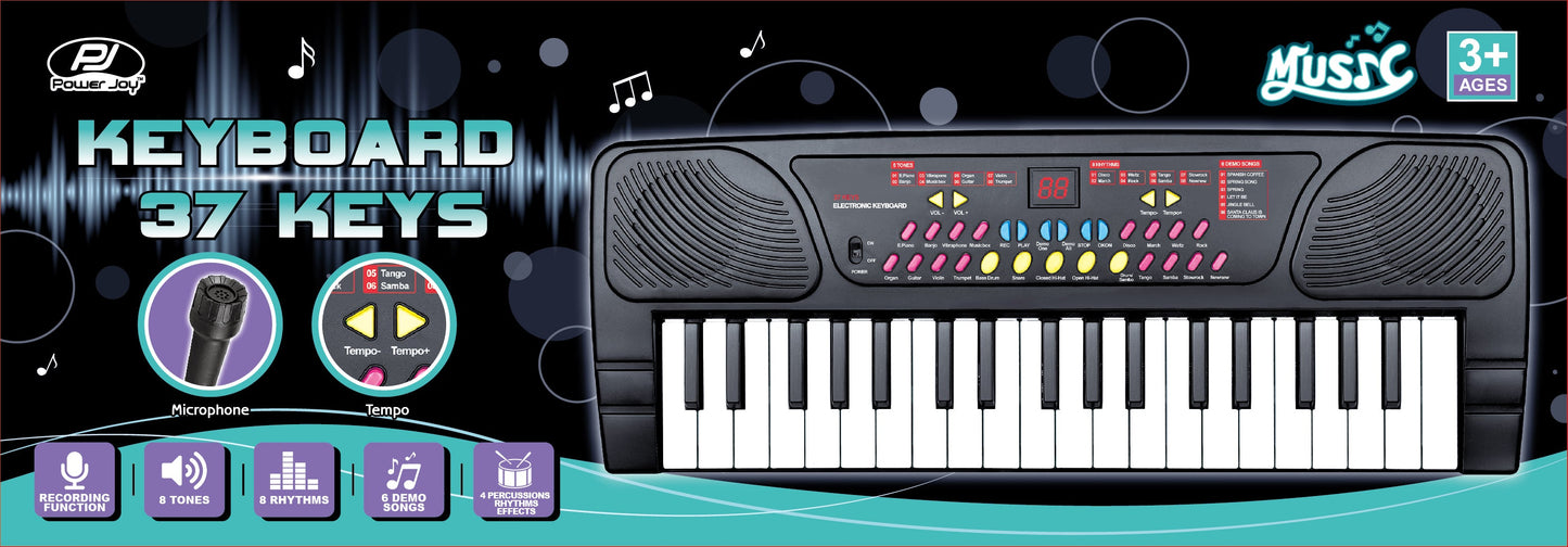 Power Joy Music Keyboard 37 Keys with Mic Battery Operated