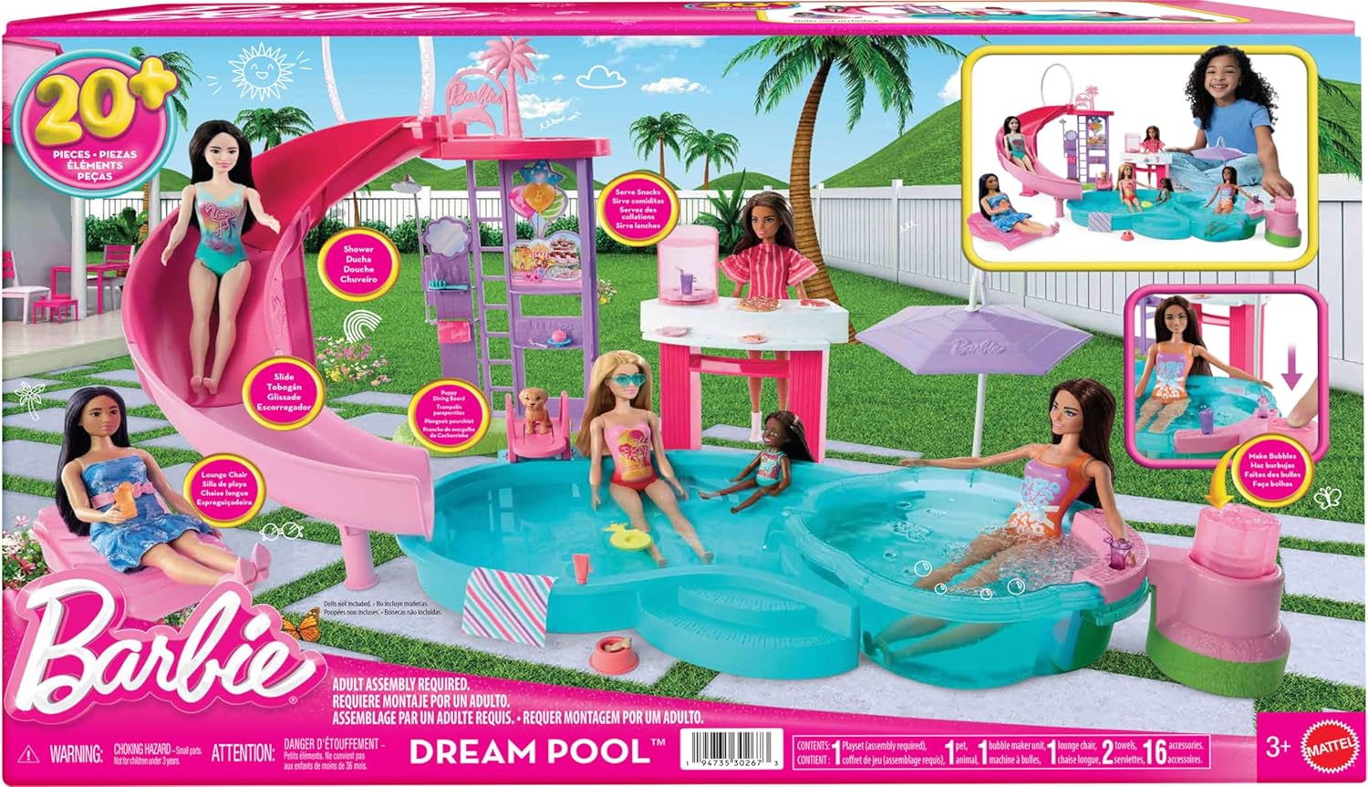 Barbie Dream Pool Playset With Slide & Bubbling Hot Tub, 20+ Accessori ...