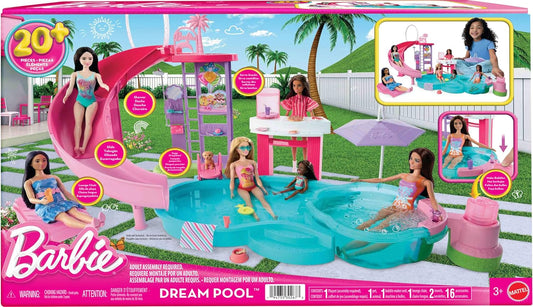 Barbie Dream Pool Playset With Slide & Bubbling Hot Tub, 20+ Accessories Including Pet, Floaties & More