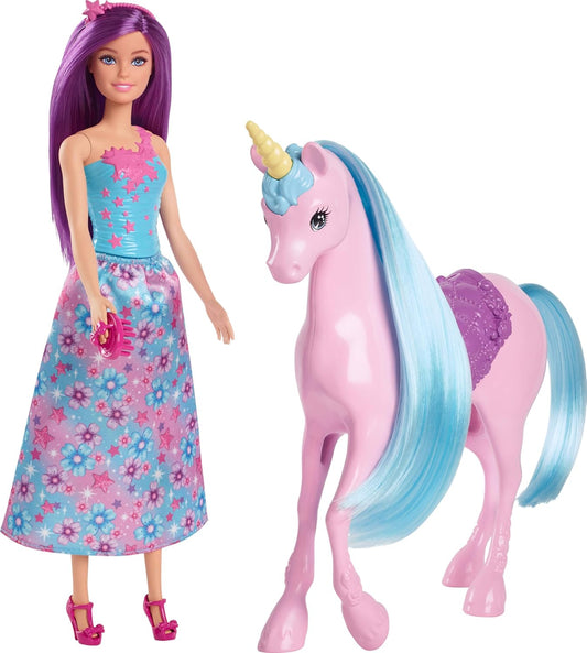 Barbie Fantasy Doll & Unicorn Toy Set - includes Saddle, Brush, & Accessories