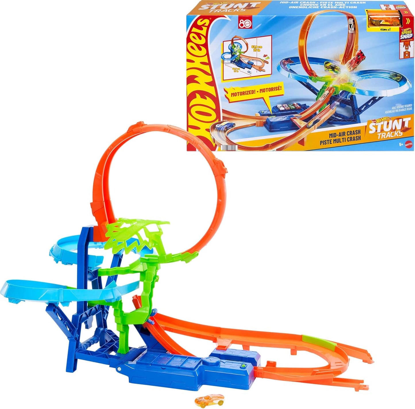 Hot Wheels Stunt Tracks Mid-AIr Crash Playset With 1:64 Scale Die-Cast Toy Car & Motorized Booster