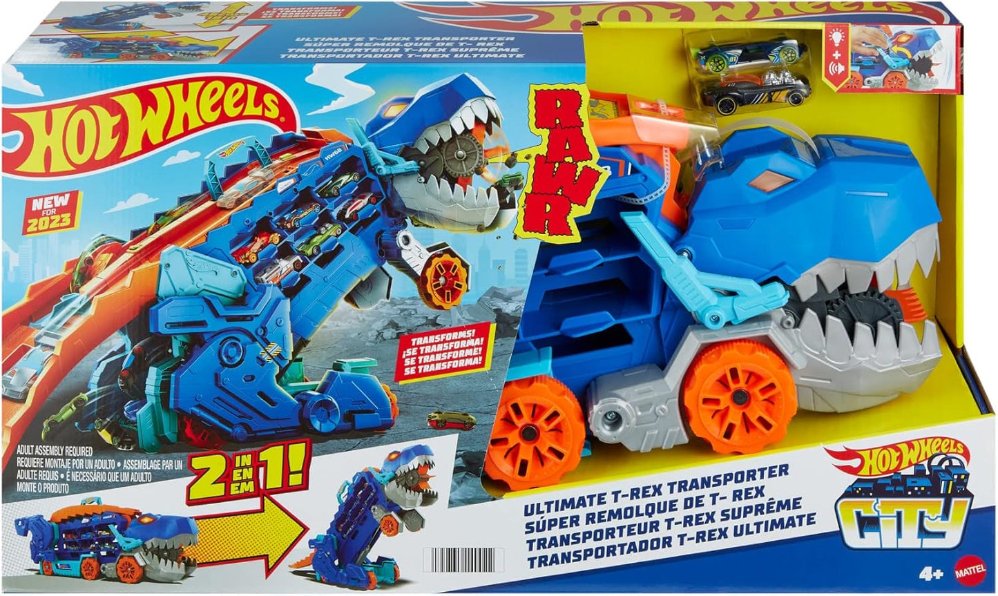 Hot Wheels City Ultimate T-Rex Transporter, Hauler Transforms into A Dino, Featured in ÒLet's RaceÓ