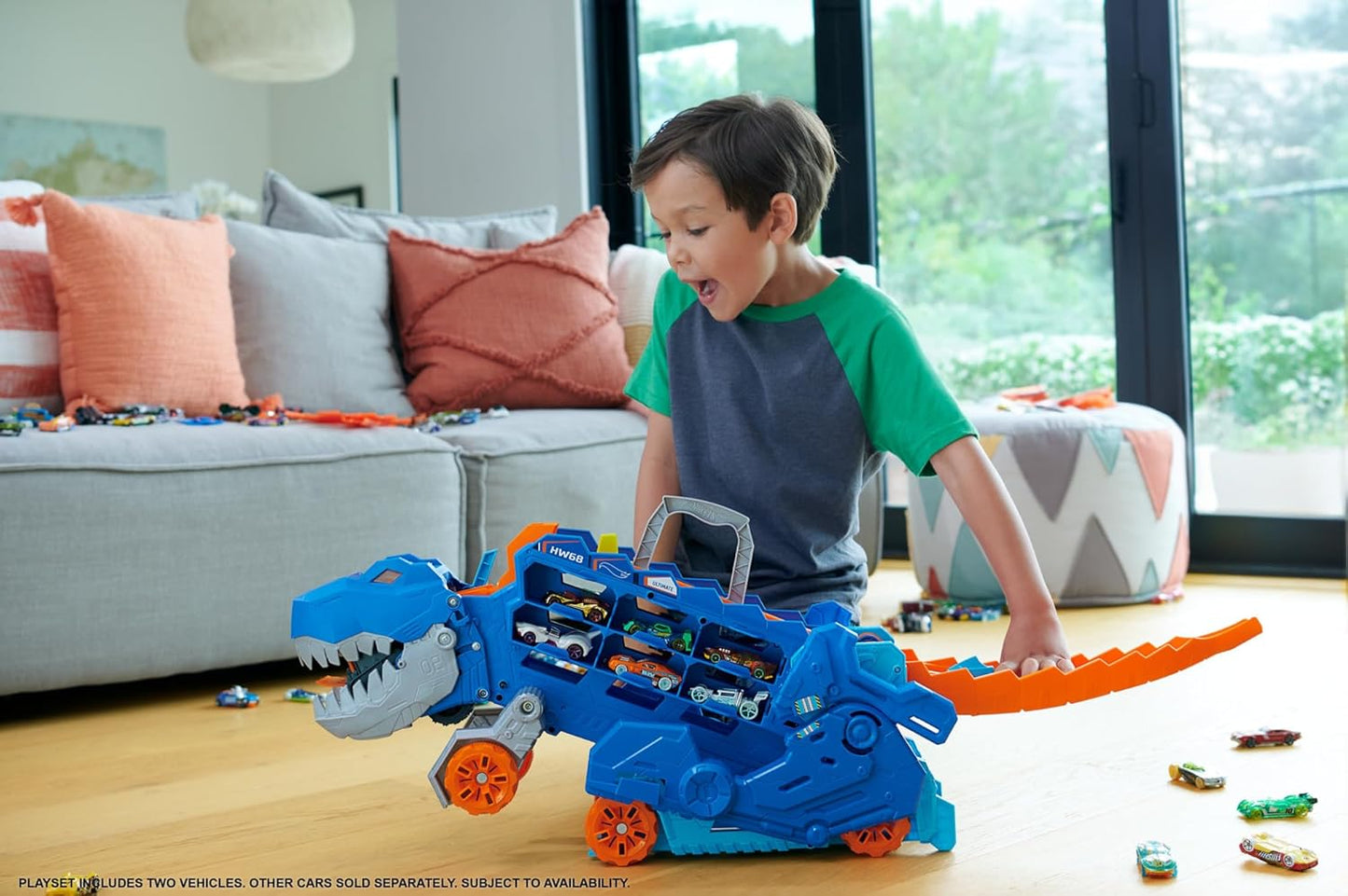 Hot Wheels City Ultimate T-Rex Transporter, Hauler Transforms into A Dino, Featured in ÒLet's RaceÓ