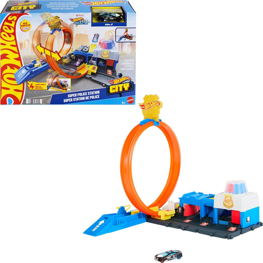 Hot Wheels City Super Police Station Playset With 1:64 Scale Police Toy Car & Adjustable Track Loop