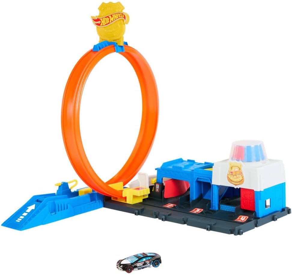 Hot Wheels City Super Police Station Playset With 1:64 Scale Police Toy Car & Adjustable Track Loop