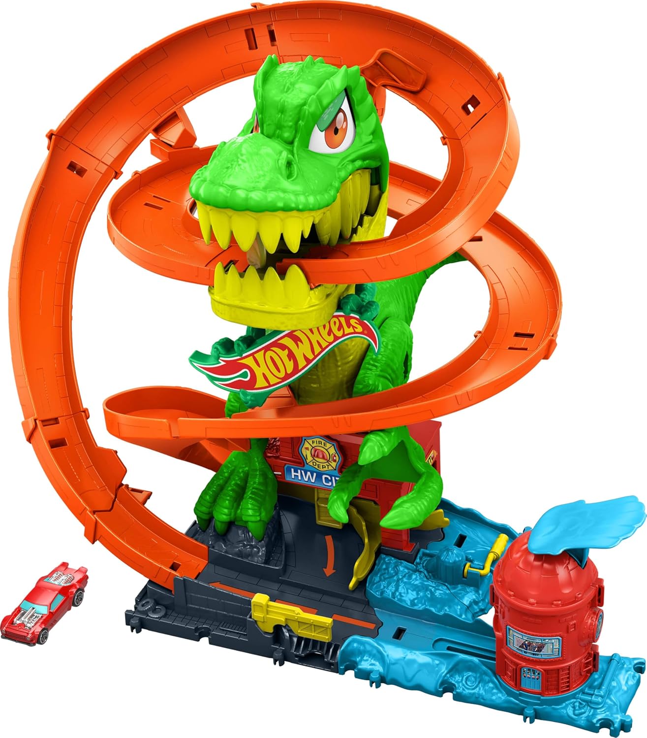 Hot Wheels City T-Rex Blaze Battle Playset & 1:64 Scale Die-Cast Car, Dinosaur Nemesis