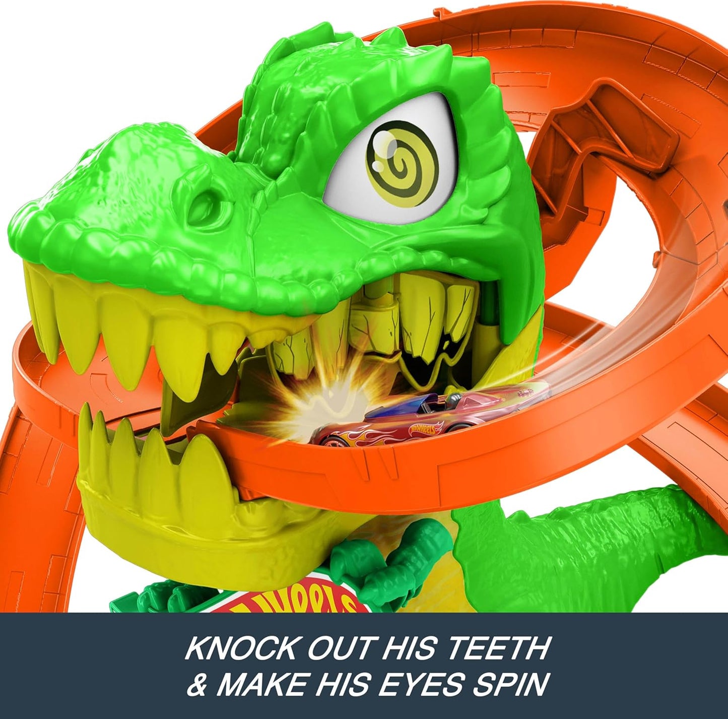 Hot Wheels City T-Rex Blaze Battle Playset & 1:64 Scale Die-Cast Car, Dinosaur Nemesis