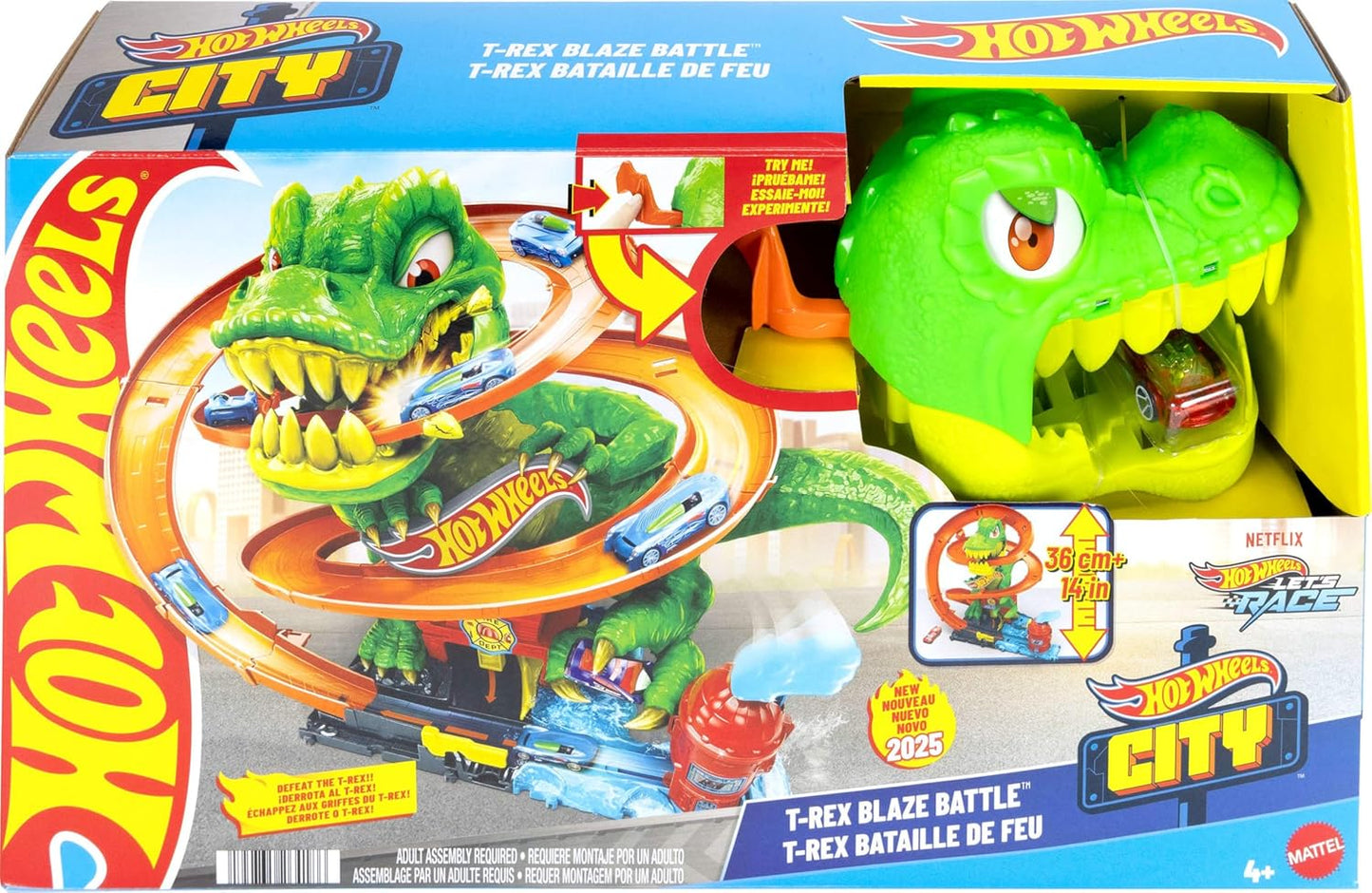 Hot Wheels City T-Rex Blaze Battle Playset & 1:64 Scale Die-Cast Car, Dinosaur Nemesis