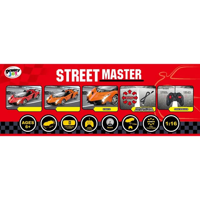 Power Joy - Remote Control Street Master With Light Sports Car - 1:16 (Colored Vary)