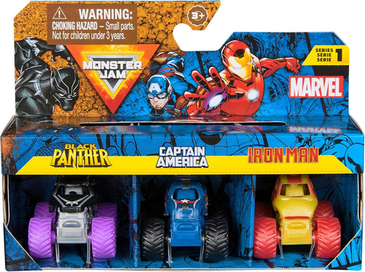 Monster Jam Marvel Mini Truck Set of 3 with Black Panther, Captain America, Iron Man, Scale 1:87