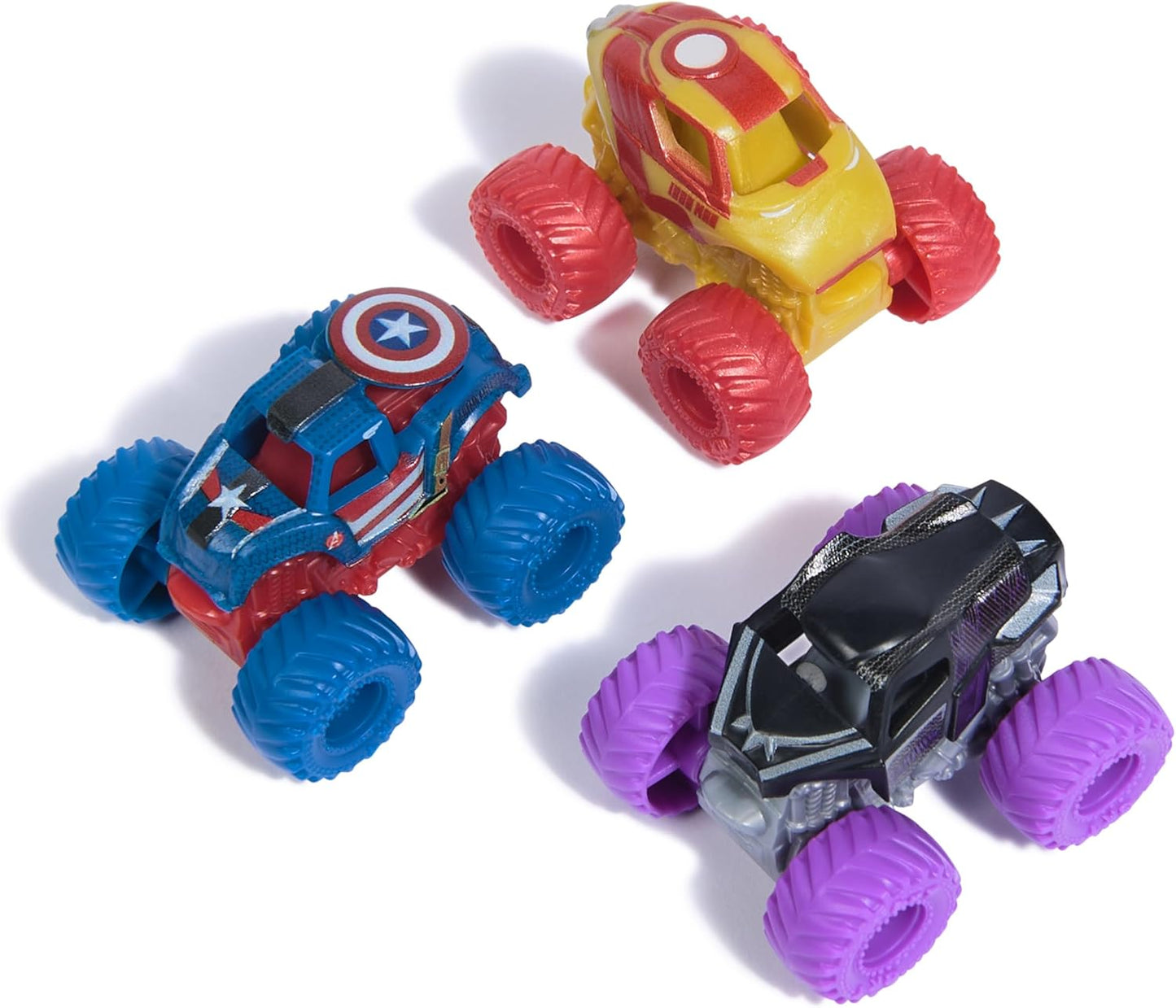 Monster Jam Marvel Mini Truck Set of 3 with Black Panther, Captain America, Iron Man, Scale 1:87