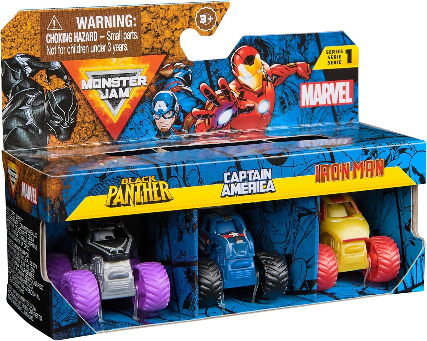 Monster Jam Marvel Mini Truck Set of 3 with Black Panther, Captain America, Iron Man, Scale 1:87