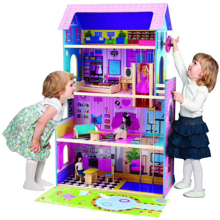 Wooden Dollhouse with Elevator & Furniture