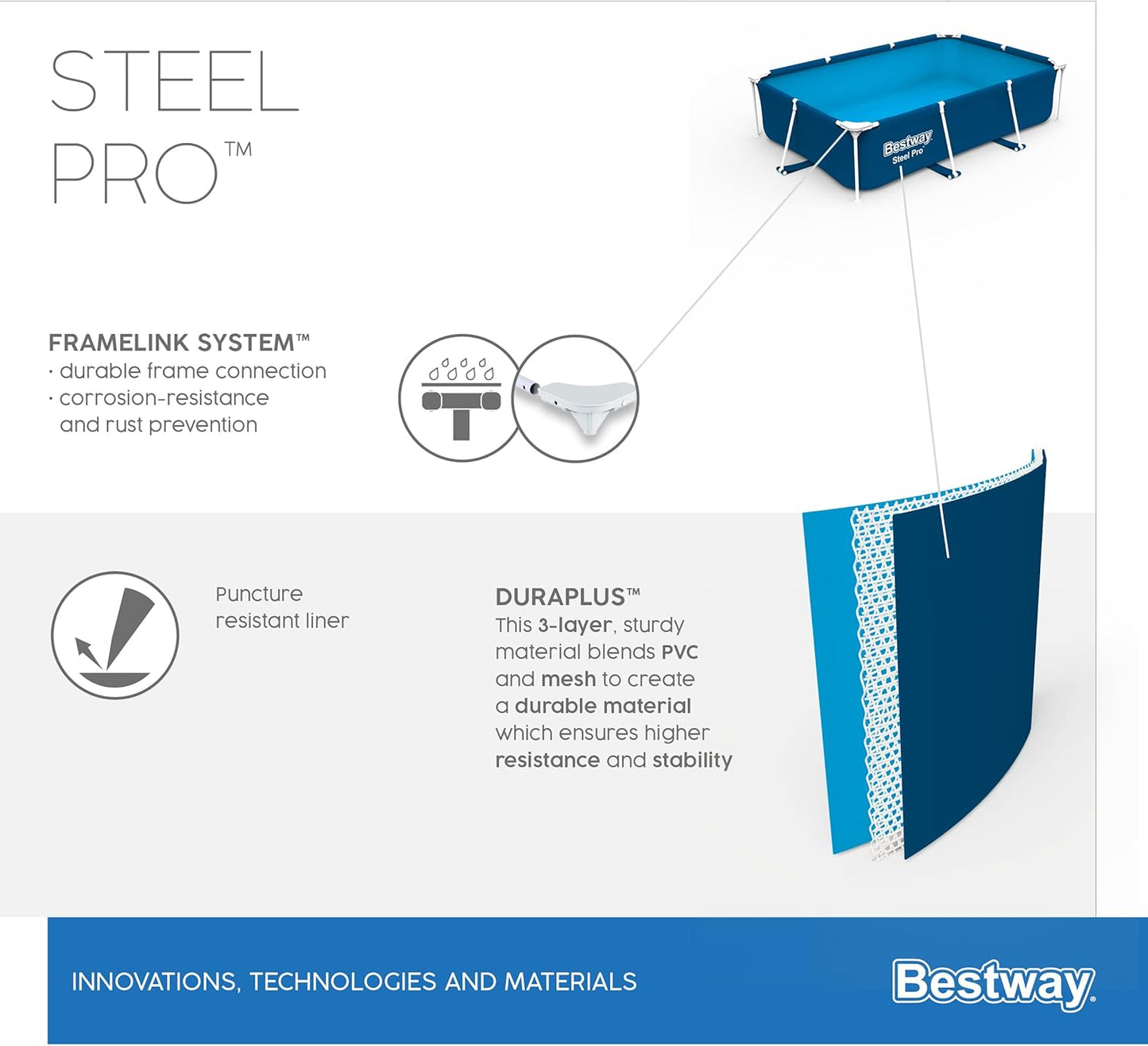 Bestway - Steel Pro 2.6m x 1.7m x 61cm Rectangular Above Ground Pool