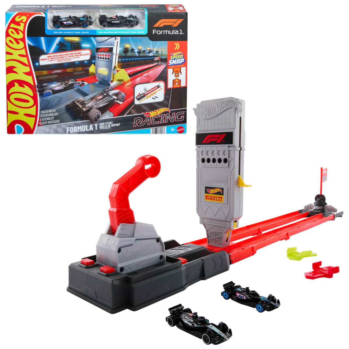 Hot Wheels Racing Formula 1 Grid Start Track Set & 2 Die-Cast F1 Cars in 1:64 Scale