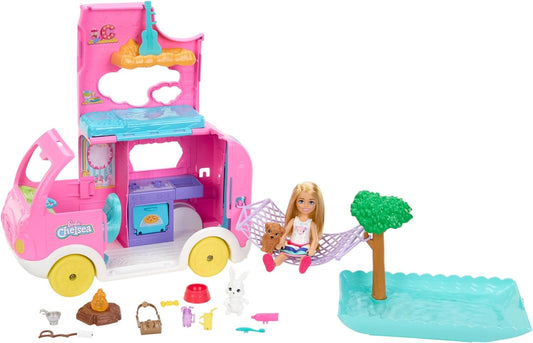 Barbie Sister Chelsea and Pink Camper with Pool